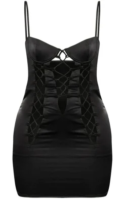 Black Premium Satin Lace Up Underwire Bodycon Dress