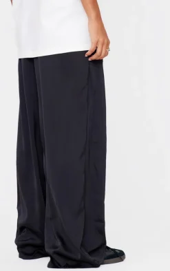 Black Premium Satin Low Rise Wide Leg Drawstring Pants