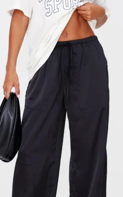 Black Premium Satin Low Rise Wide Leg Drawstring Pants