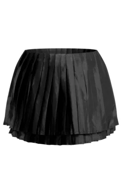 Black Premium Satin Pleated Micro Mini Skirt
