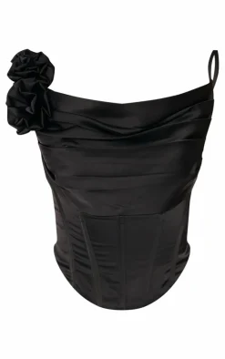 Black Premium Satin Rose Applique Drape Asymmetric Corset