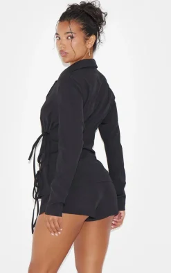 Black Premium Tailored Woven Wrap Front Romper