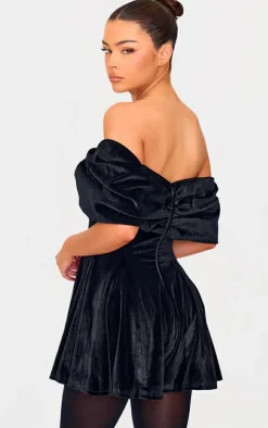 Black Premium Velvet Extreme Bow Detail Romper