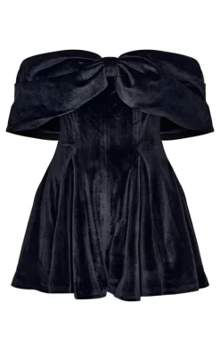 Black Premium Velvet Extreme Bow Detail Romper