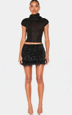 Black Premium Velvet Sequin Feather Hem Mini Skirt