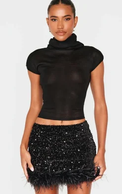 Black Premium Velvet Sequin Feather Hem Mini Skirt