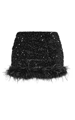 Black Premium Velvet Sequin Feather Hem Mini Skirt