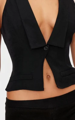Black Premium Woven Collar Detail Plunge Vest