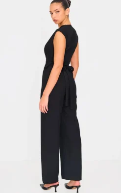 Black Premium Woven Sleeveless Waist Detail Straight Leg Jumpsuit