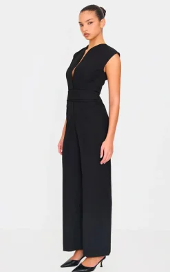 Black Premium Woven Sleeveless Waist Detail Straight Leg Jumpsuit