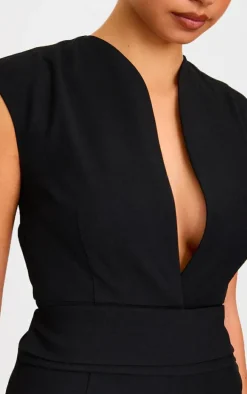 Black Premium Woven Sleeveless Waist Detail Straight Leg Jumpsuit