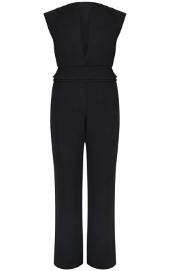 Black Premium Woven Sleeveless Waist Detail Straight Leg Jumpsuit
