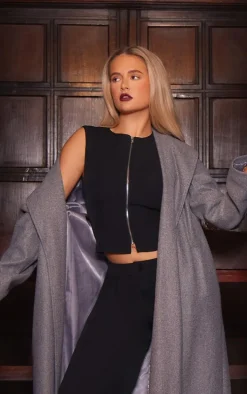 Black Premium Woven Zip Up Detail Sleeveless Top