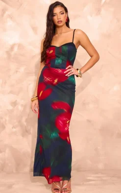 Black Print Mesh Cup Cami Maxi Dress