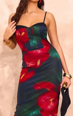 Black Print Mesh Cup Cami Maxi Dress