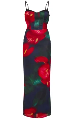 Black Print Mesh Cup Cami Maxi Dress