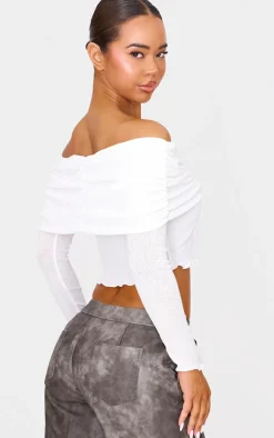 Black Printed Burnout Mesh Fold Over Twist Detail Bardot Long Sleeve Top