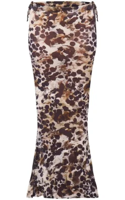 Black Printed Crinkle Mesh Low Rise Fish Tail Maxi Skirt