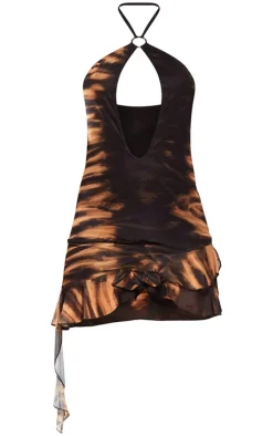 Black Printed Halterneck Ring Detail Extreme Plunge Printed Bodycon Dress