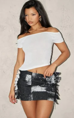 Black Printed Jacquard Tassel Edge Mini Skirt