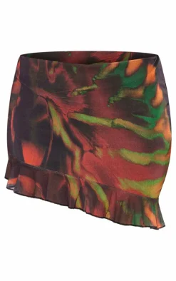 Black Printed Mesh Asymmetric Mini Skirt