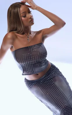 Black Printed Mesh Diamante Hot Fix Bandeau Crop Top