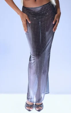 Black Printed Mesh Diamante Hot Fix Low Rise Maxi Skirt