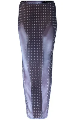 Black Printed Mesh Diamante Hot Fix Low Rise Maxi Skirt