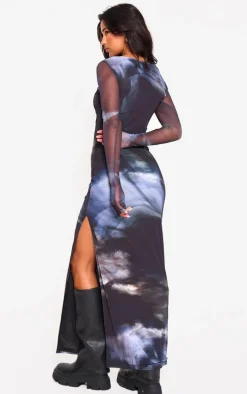 Black Printed Mesh Long Sleeve Maxi Dress