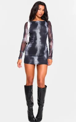 Black Printed Mesh Long Sleeve Bodycon Dress