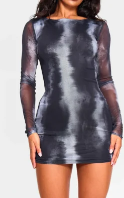 Black Printed Mesh Long Sleeve Bodycon Dress