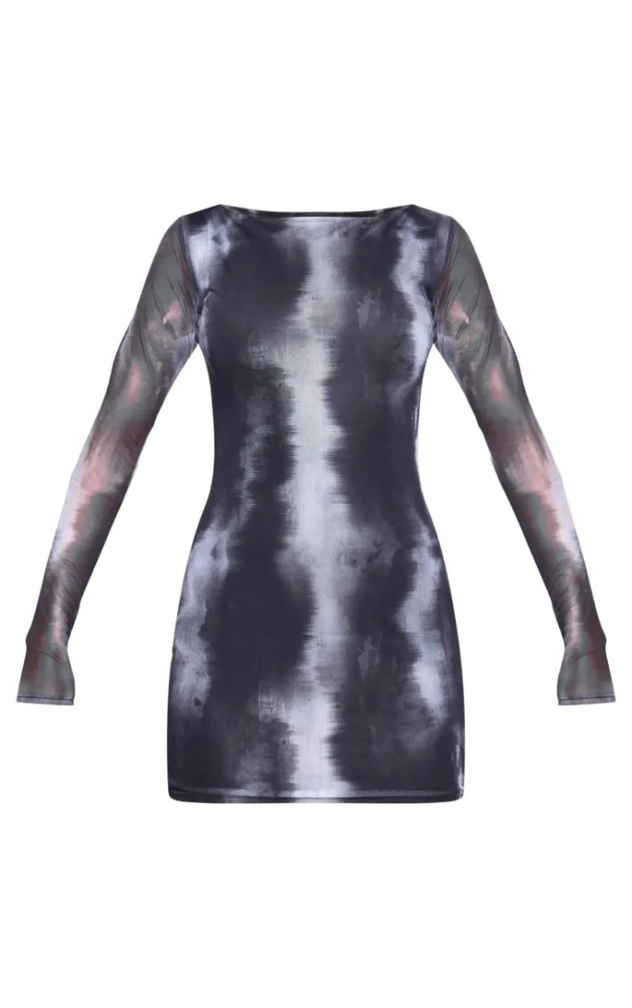 Black Printed Mesh Long Sleeve Bodycon Dress