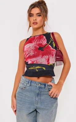 Black Printed Mesh Tie Detail Boat Neck Top