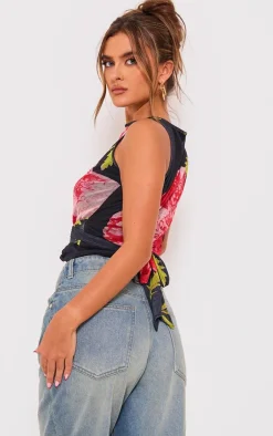 Black Printed Mesh Tie Detail Boat Neck Top