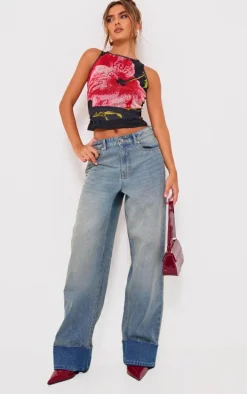 Black Printed Mesh Tie Detail Boat Neck Top