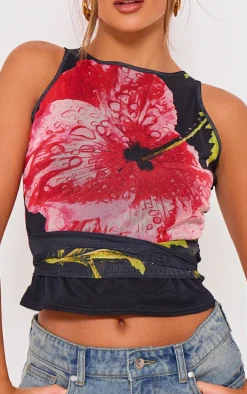 Black Printed Mesh Tie Detail Boat Neck Top