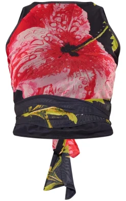 Black Printed Mesh Tie Detail Boat Neck Top