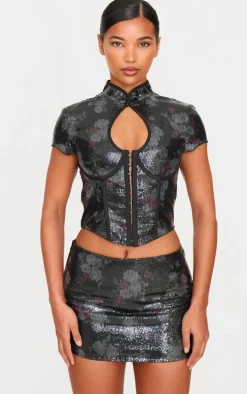Black Printed Sequin Band Collar Corset Top