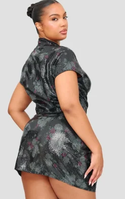 Black Printed Sequin Band Collar Corset Top