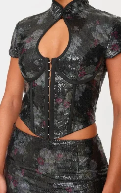 Black Printed Sequin Band Collar Corset Top
