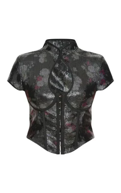 Black Printed Sequin Band Collar Corset Top