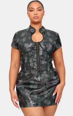 Black Printed Sequin Band Collar Corset Top