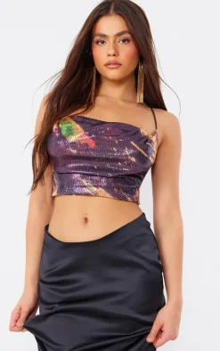 Black Printed Sequin Cowl Neck Crop Top