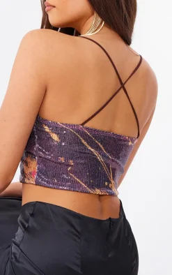 Black Printed Sequin Cowl Neck Crop Top