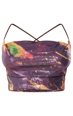 Black Printed Sequin Cowl Neck Crop Top