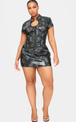 Black Printed Sequin Micro Mini Skirt