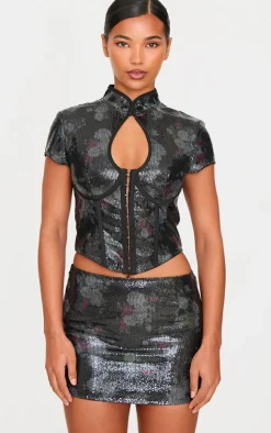 Black Printed Sequin Micro Mini Skirt