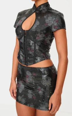Black Printed Sequin Micro Mini Skirt
