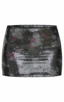 Black Printed Sequin Micro Mini Skirt