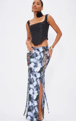 Black Printed Slinky Lace Up Front Maxi Skirt